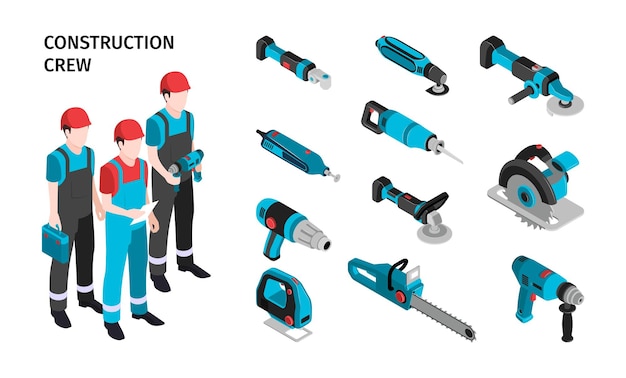 Free Vector construction crew isometric composition with male characters in uniform and kid of electric tools for work vector illustration