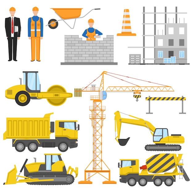 Construction flat elements set with architect and worker building machinery and materials barrier system isolated