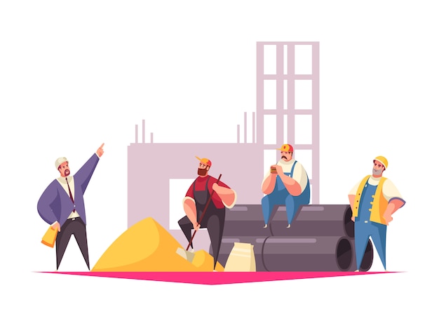 Free vector construction  illustration with foreman giving instructions team of builders dressed in uniform and helmets