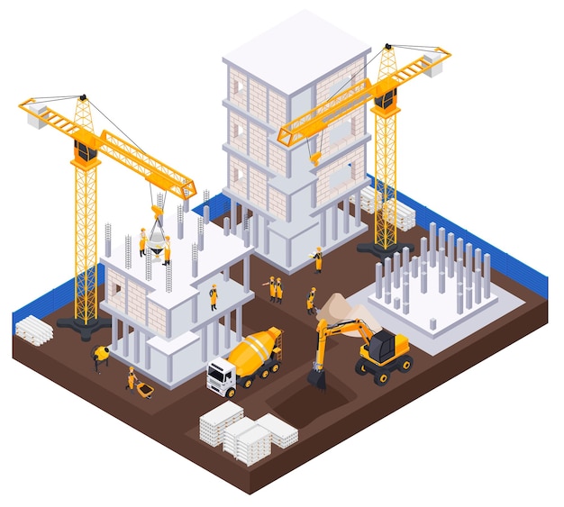 Construction industry isometric concept with equipment and materials symbols illustration