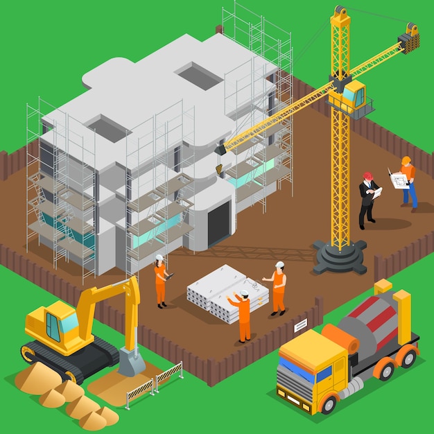 Construction isometric composition with view of high rise building yard with labor workers vehicles and machines