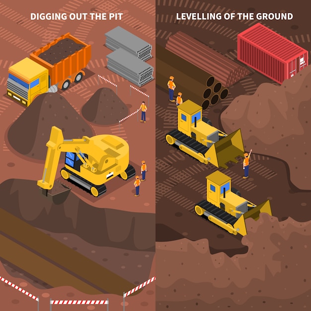 Free Vector construction machinery isometric vertical banners set 