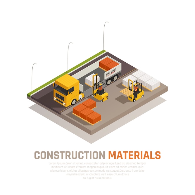 Free Vector construction materials isometric composition with building site and truck being unloaded by workers with editable text vector illustration