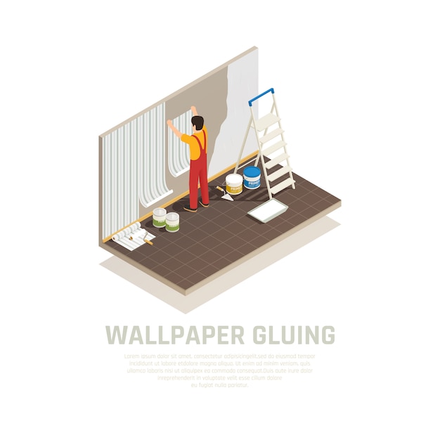 Free Vector construction materials isometric composition with editable text and human character of worker covering wall with paper vector illustration