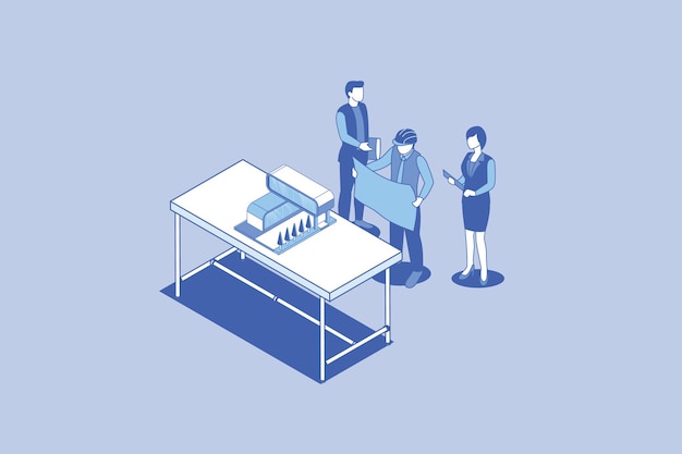 construction plan concept with team read analyze blueprint development with outline isometric style