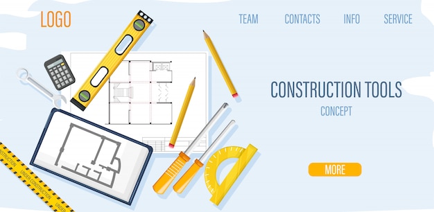 Free Vector construction site template with architect tools and blueprint