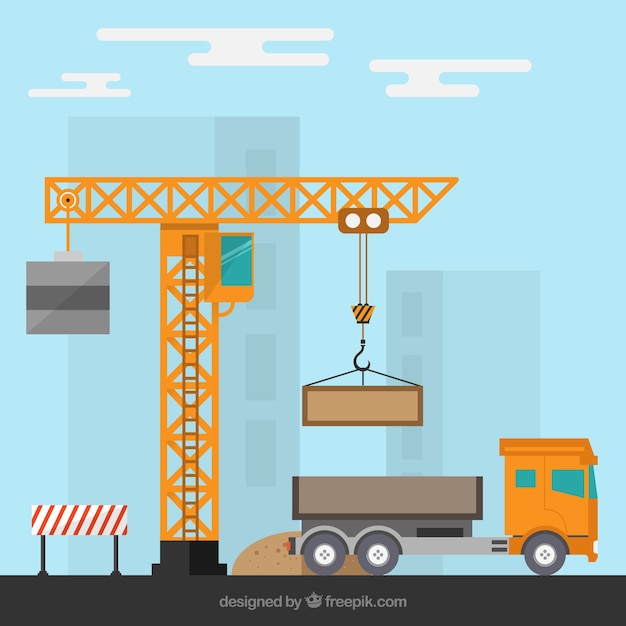 Free Vector construction site with a crane and a truck