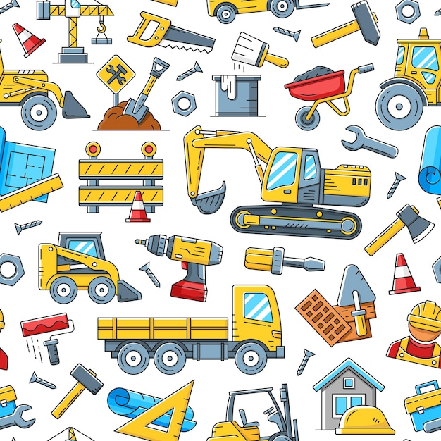 Construction tools and machinery seamless pattern.