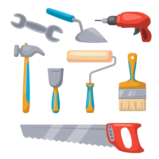 Free Vector construction tools or repair tool set with saw hammer screwdriver and other in drawing style on white background vector illustration