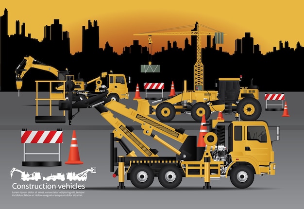 Construction Vehicles Set with Building Background Vector Illustration