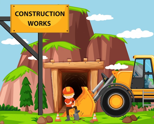 Construction work scene with man and bulldozer