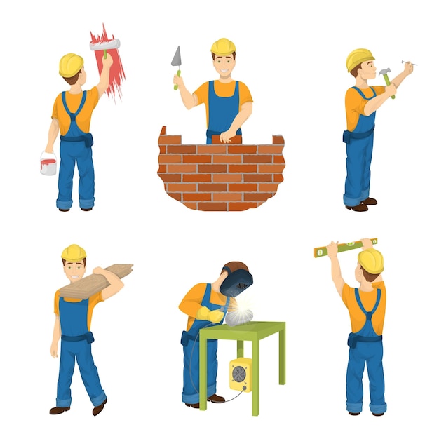 Free vector construction work set on white background builders in hardhat with working tools