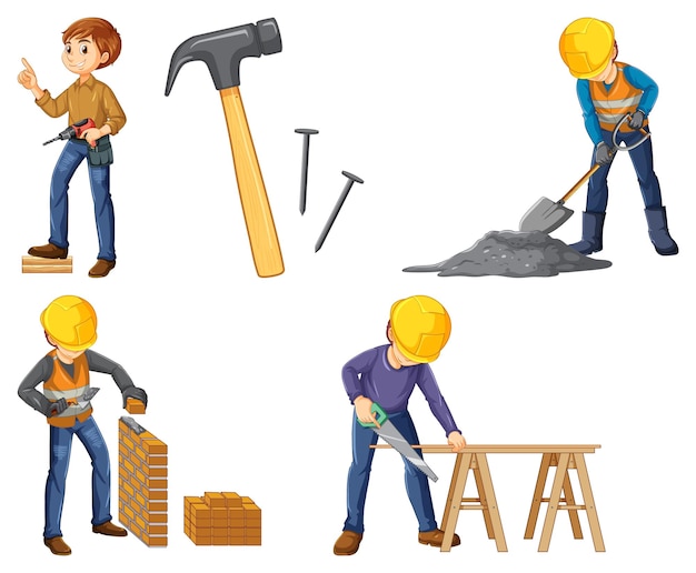 Construction worker set with man at different jobs