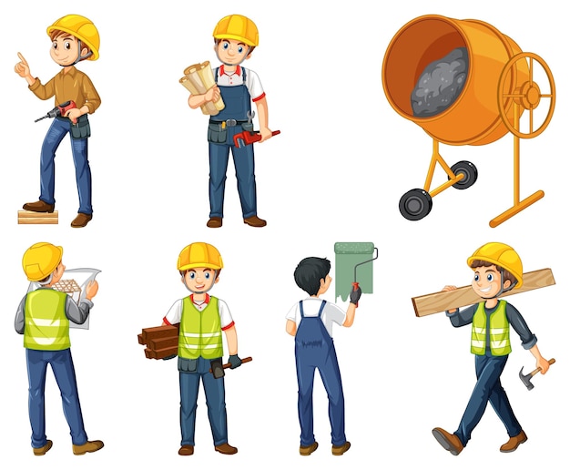 Construction worker set with man doing different jobs