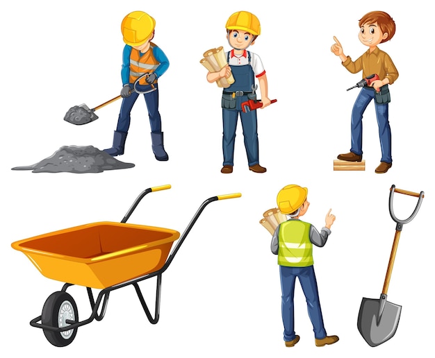 Construction worker set with man doing different jobs