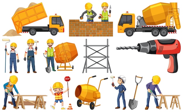 Free vector construction worker set with man and tools