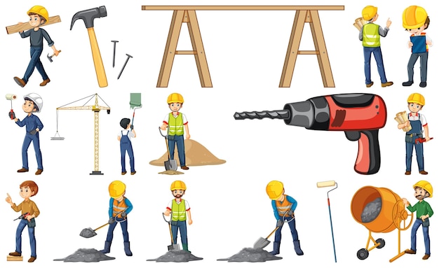 Free vector construction worker set with man and tools