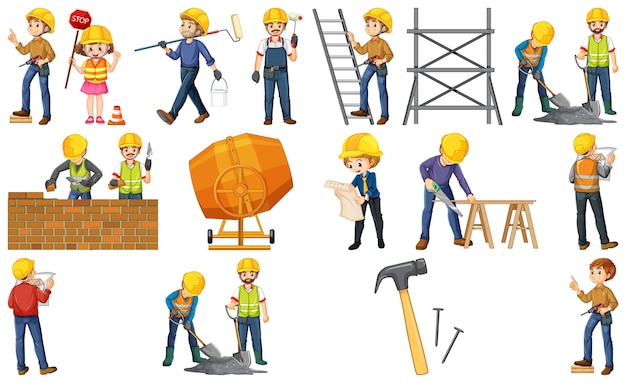 Free Vector construction worker set with man and tools