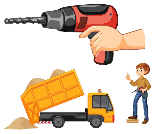 Free vector construction worker set with man and tools