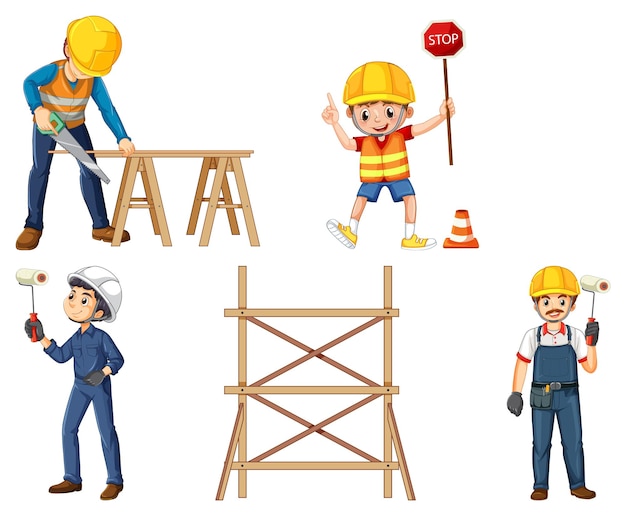 Construction worker set with man and tools