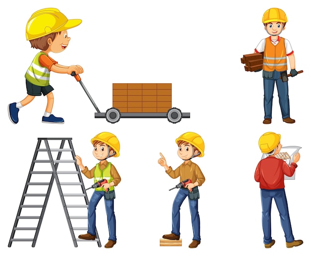 Free vector construction worker set with man and tools