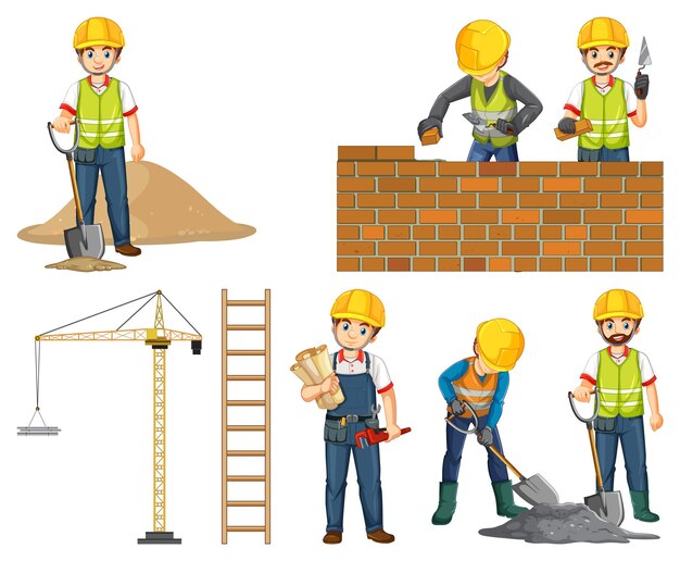 Construction worker set with man and tools