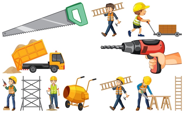 Construction worker set with people at work