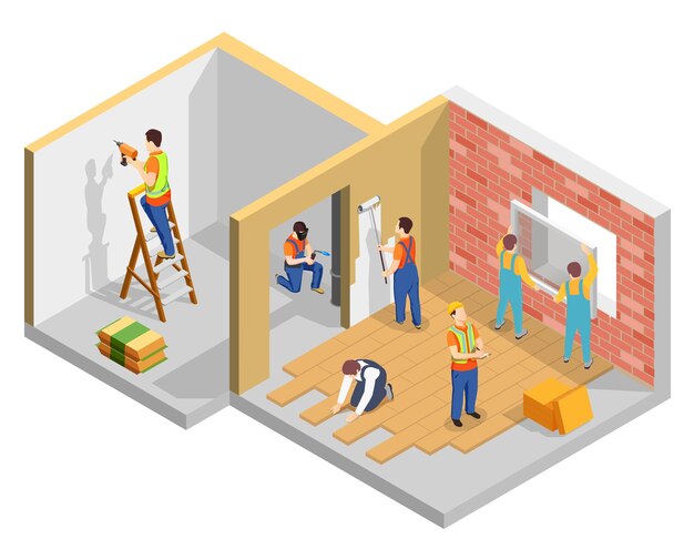 Free Vector construction workers isometric composition with builders renovating the flat vector illustration