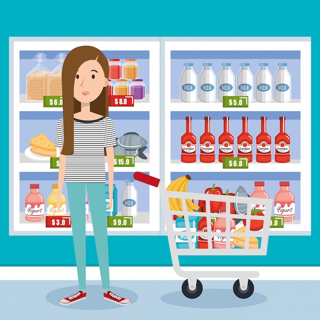 Free Vector consumer with shopping cart of groceries