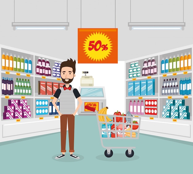 Free Vector consumer with shopping cart of groceries