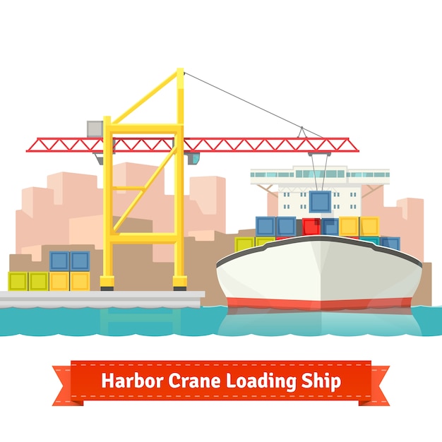 Free vector container cargo ship loaded by big harbour crane