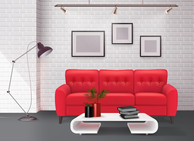 Contemporary simple clean living room interior design detail with stunning leather red sofa accent realistic illustration