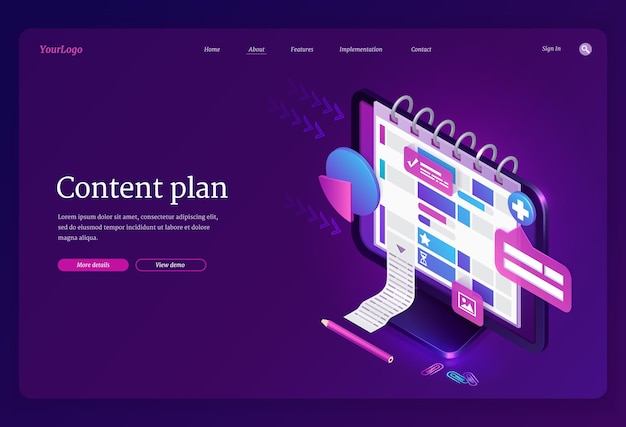 Free Vector content plan banner. service for organization work in social media, optimization tasks, marketing management. vector landing page with isometric computer screen with planner