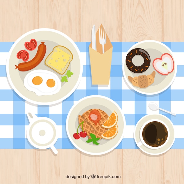 Free Vector continental breakfast with tablecloth 