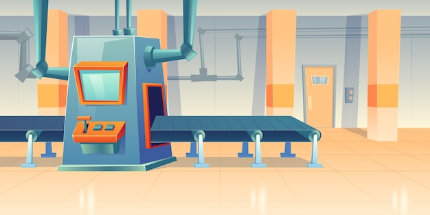 Free vector conveyor belt and assembly machine at factory, plant or warehouse. cartoon interior of workshop production line with automated machinery. engineering equipment on manufactory