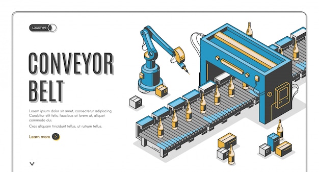 Free Vector conveyor belt web banner, robot hands pack bottles