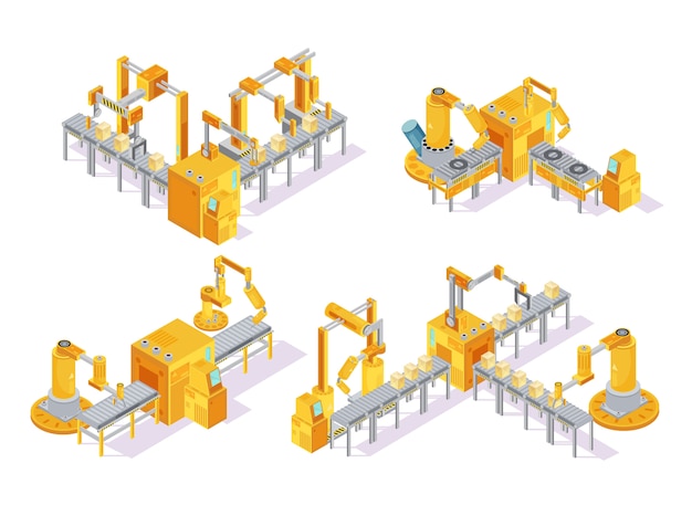 Free Vector conveyor system with computer control isometric design concept including production line and packaging isolated vector illustration