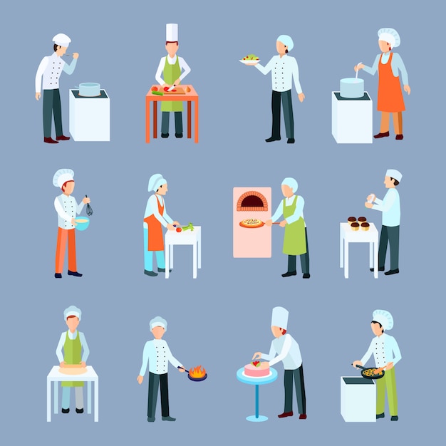 Free Vector cook profession icons set with salad pizza and cake making flat