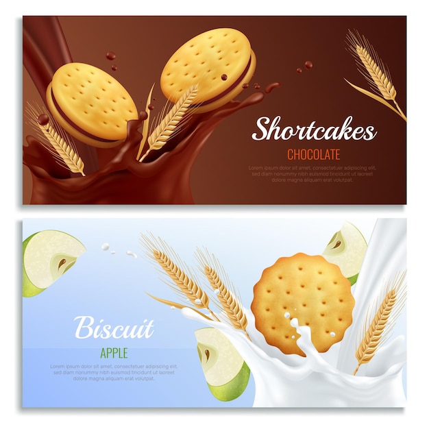 Free Vector cookies realistic horizontal banners set with apple and chocolate taste symbols isolated