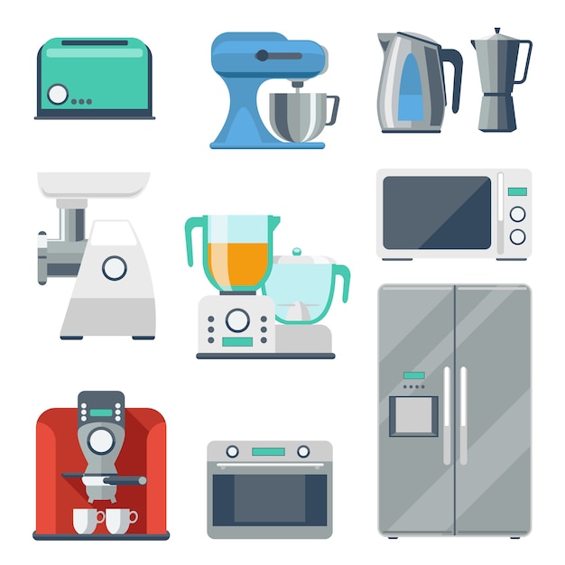 Cooking equipment flat icons set. Toaster and stove, kettle and mixer, refrigerator and grinder, blender object. 