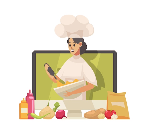 Free Vector cooking food blogger cartoon icon with woman character on computer monitor