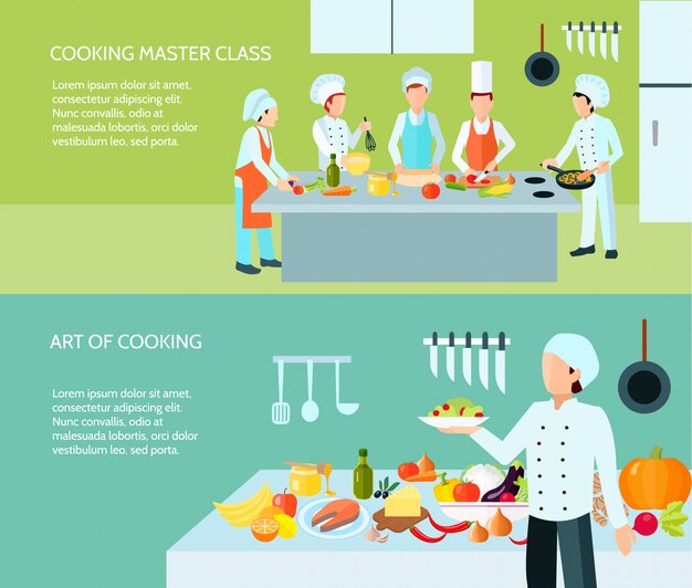 Cooking master class and art of culinary flat color banner set