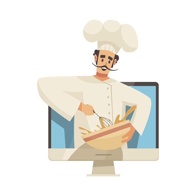 Cooking school courses composition with character of cook leaning out of computer screen vector illustration