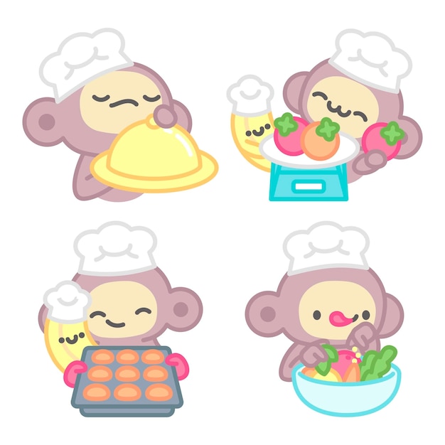 Free Vector cooking stickers collection with monkey and banana