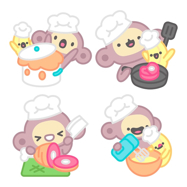 Free Vector cooking stickers collection with monkey and banana