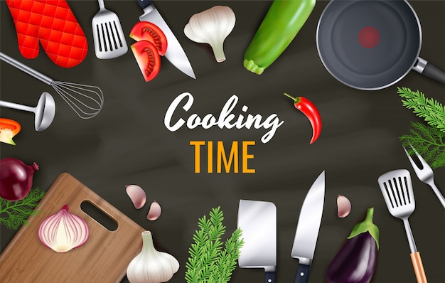 Free Vector cooking time background with kitchenware and cookware objects realistic