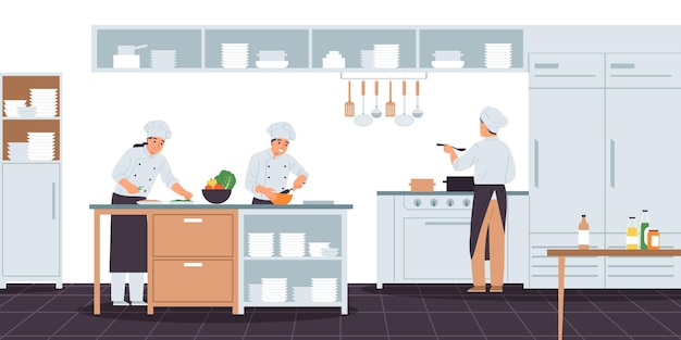 Free Vector cooks composition with indoor view of modern restaurant kitchen and characters of professional cooks preparing meals vector illustration