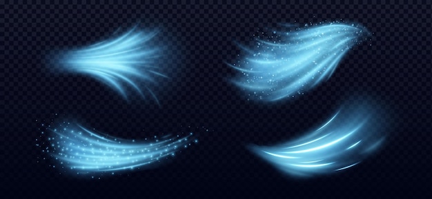 Cool air flow effects set isolated on transparent background Vector realistic illustration of blue light waves with shimmering particles cold wind fresh breeze whirlwind magic power trail