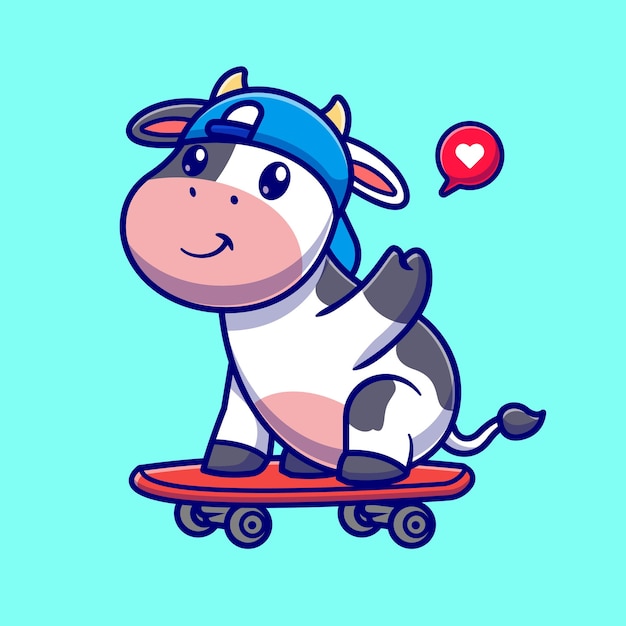 Cool Cow Playing Skateboard Cartoon Vector Icon Illustration. Animal Sport Icon Concept Isolated Premium Vector. Flat Cartoon Style