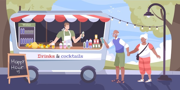 Free Vector cool drink street flat concept with old couple buy a bottle of water in food truck